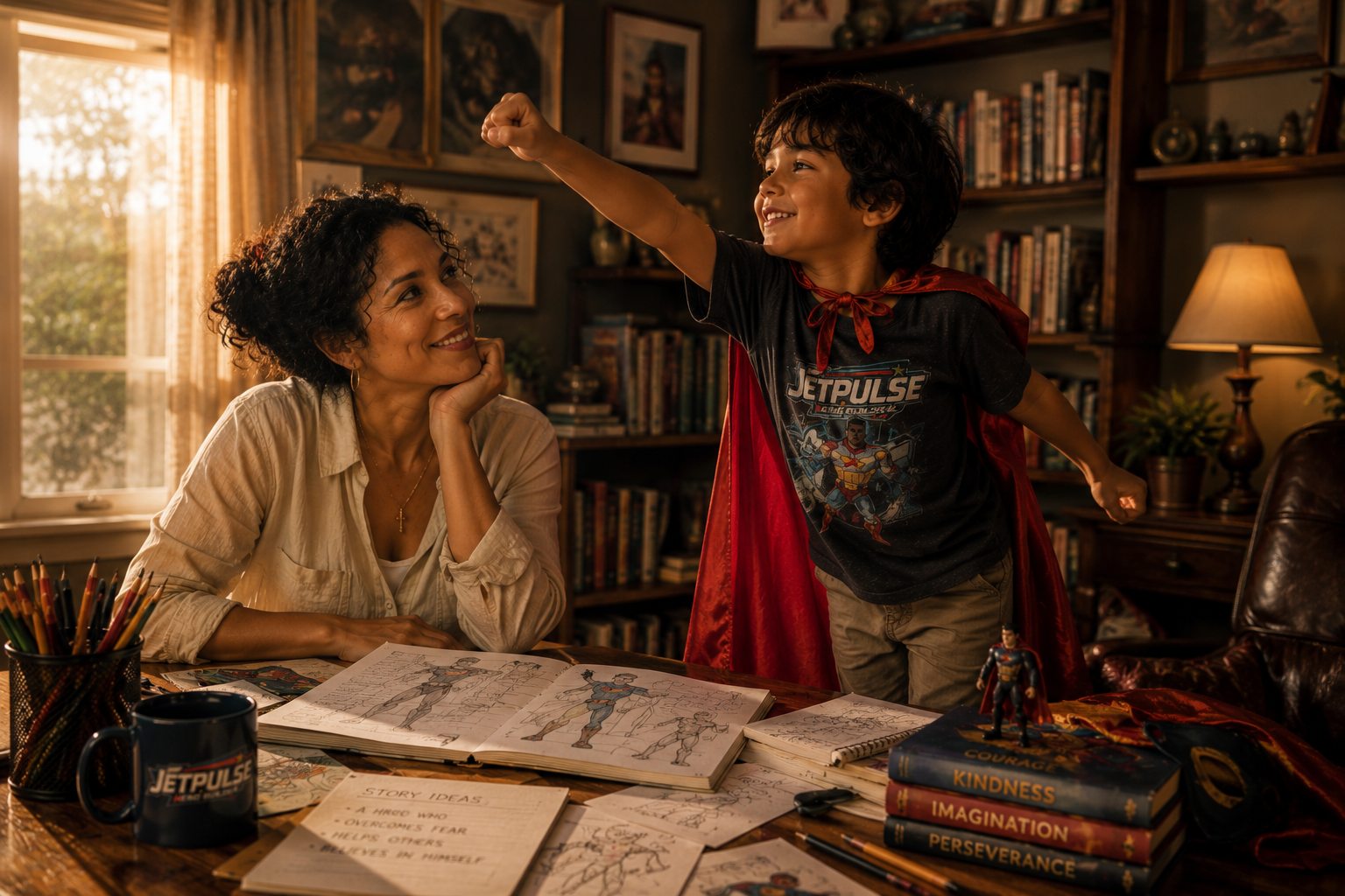 a young boy  pretends to fly as his mother watches