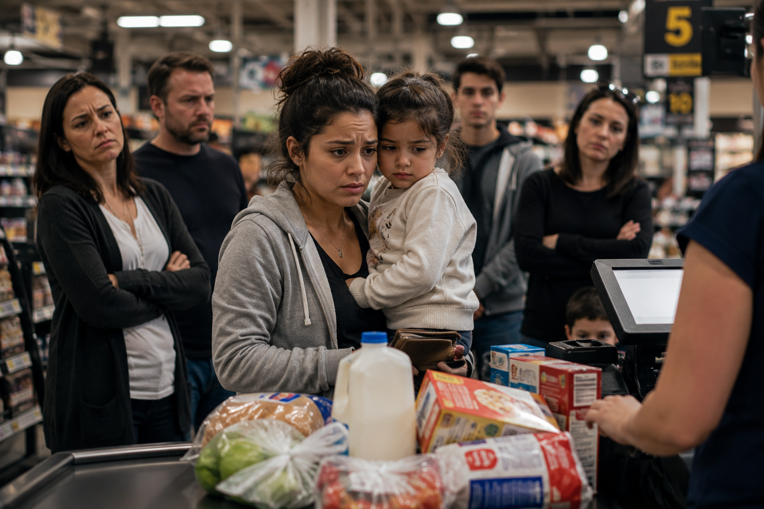 Young mother holding her child at a grocery checkout line in NYC representing food insecurity, grocery assistance, and direct community aid for working families.