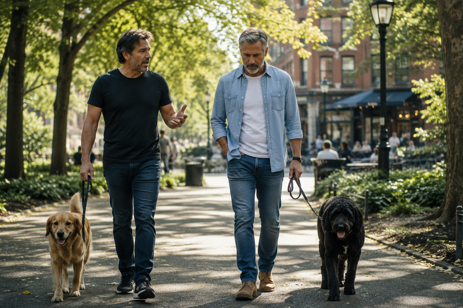 two men walking dogs in the park