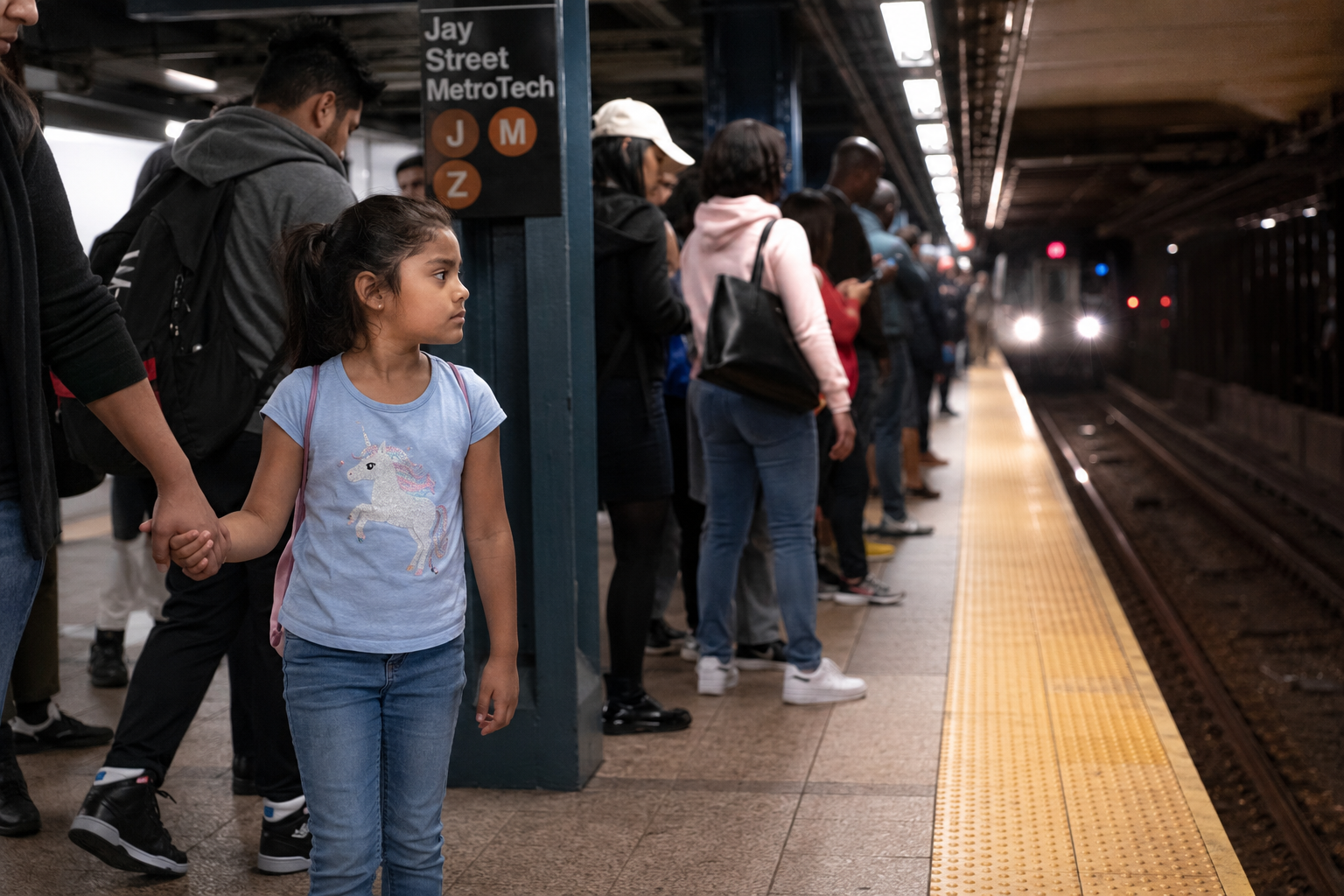 Young girl with a backpack holding her parent's hand on a crowded Jay Street MetroTech subway platform in Brooklyn NYC, representing everyday working families and grassroots community aid