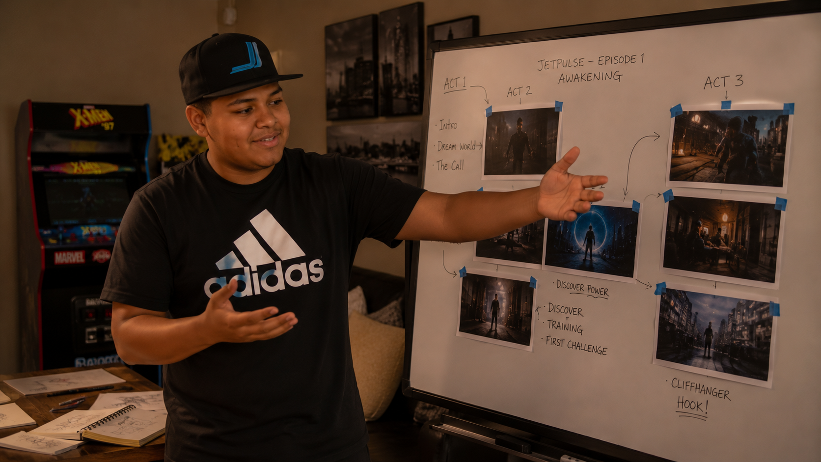 Jake Bradshaw presenting superhero storytelling ideas and creative learning concepts inside the Jetpulse Lab studio surrounded by visual storyboards, sketches, and filmmaking tools.
