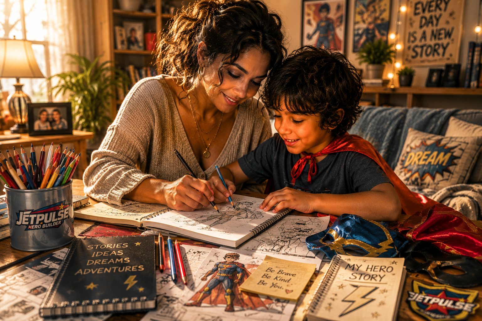 Creative hero moments with mom and son