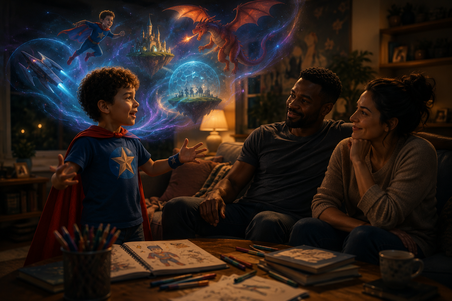 Child dressed as a superhero passionately sharing imaginative storytelling ideas with parents in a cozy living room filled with fantasy-inspired worlds, creativity, and emotional connection.