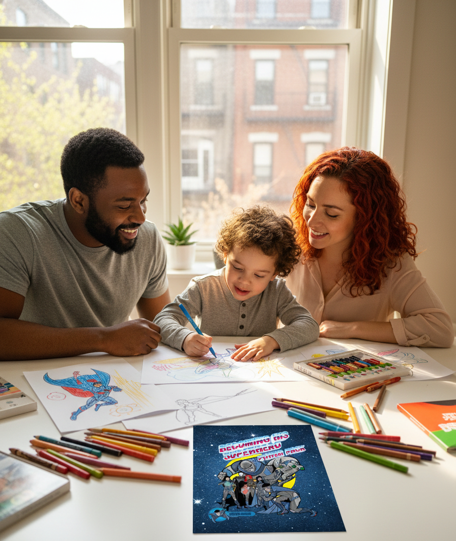 A family of three, a man, a woman, and a young boy, sitting at a table using the art therapy lessons created by Led Bradshaw