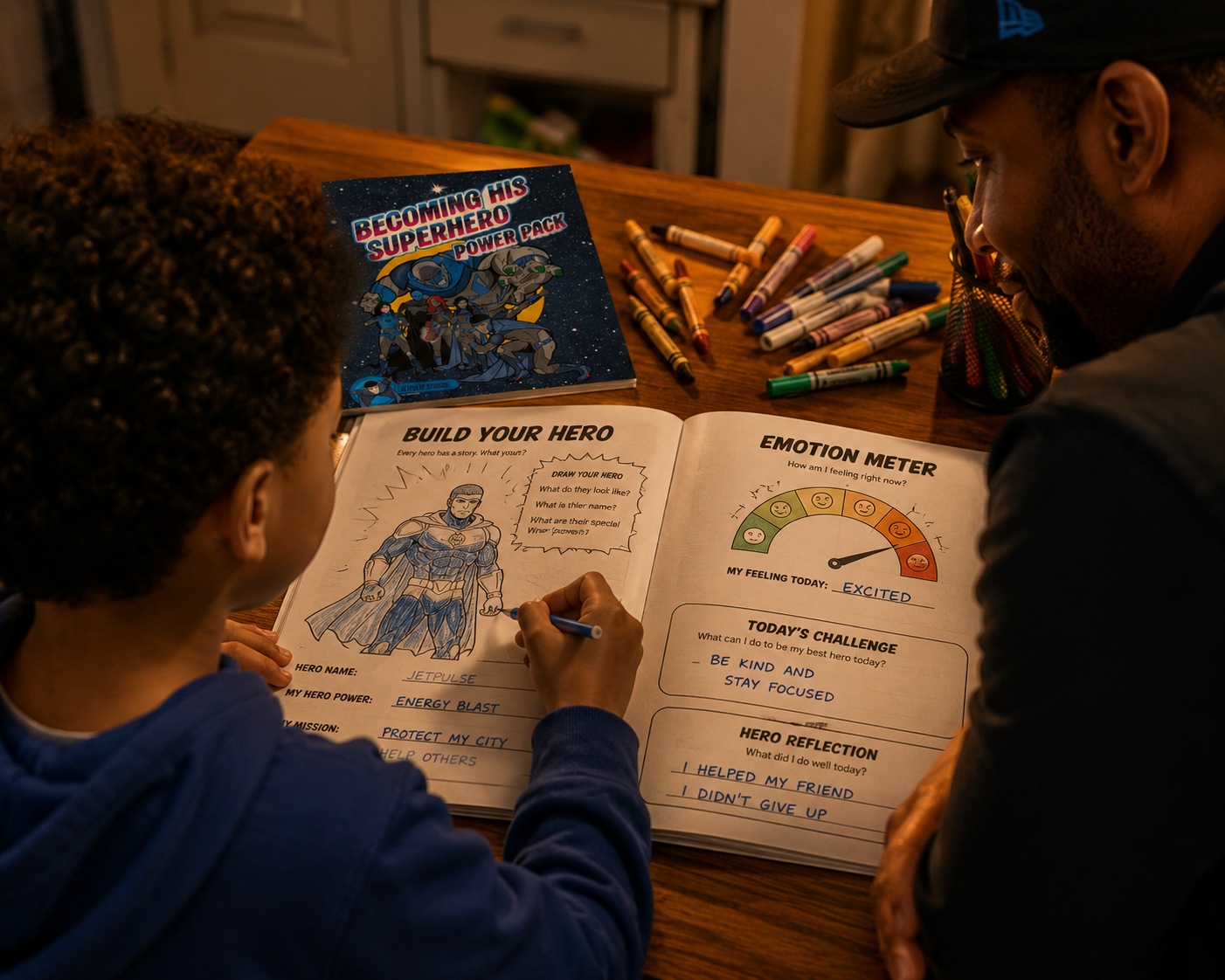 young boy creating his own superhero using the hero builder method