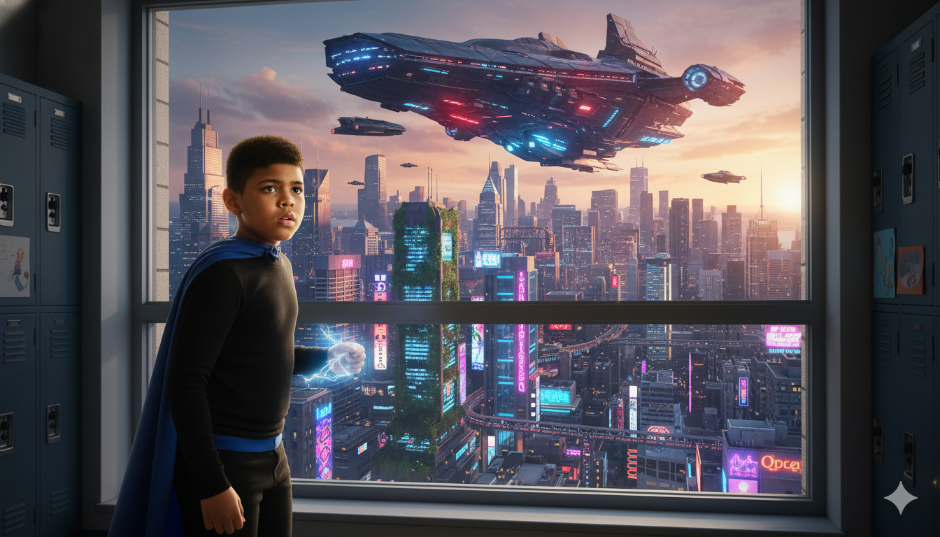 A boy dressed as a superhero with a blue cape stands inside a school locker room, looking out a window at a futuristic city skyline illuminated with neon lights and flying spacecraft during sunset.