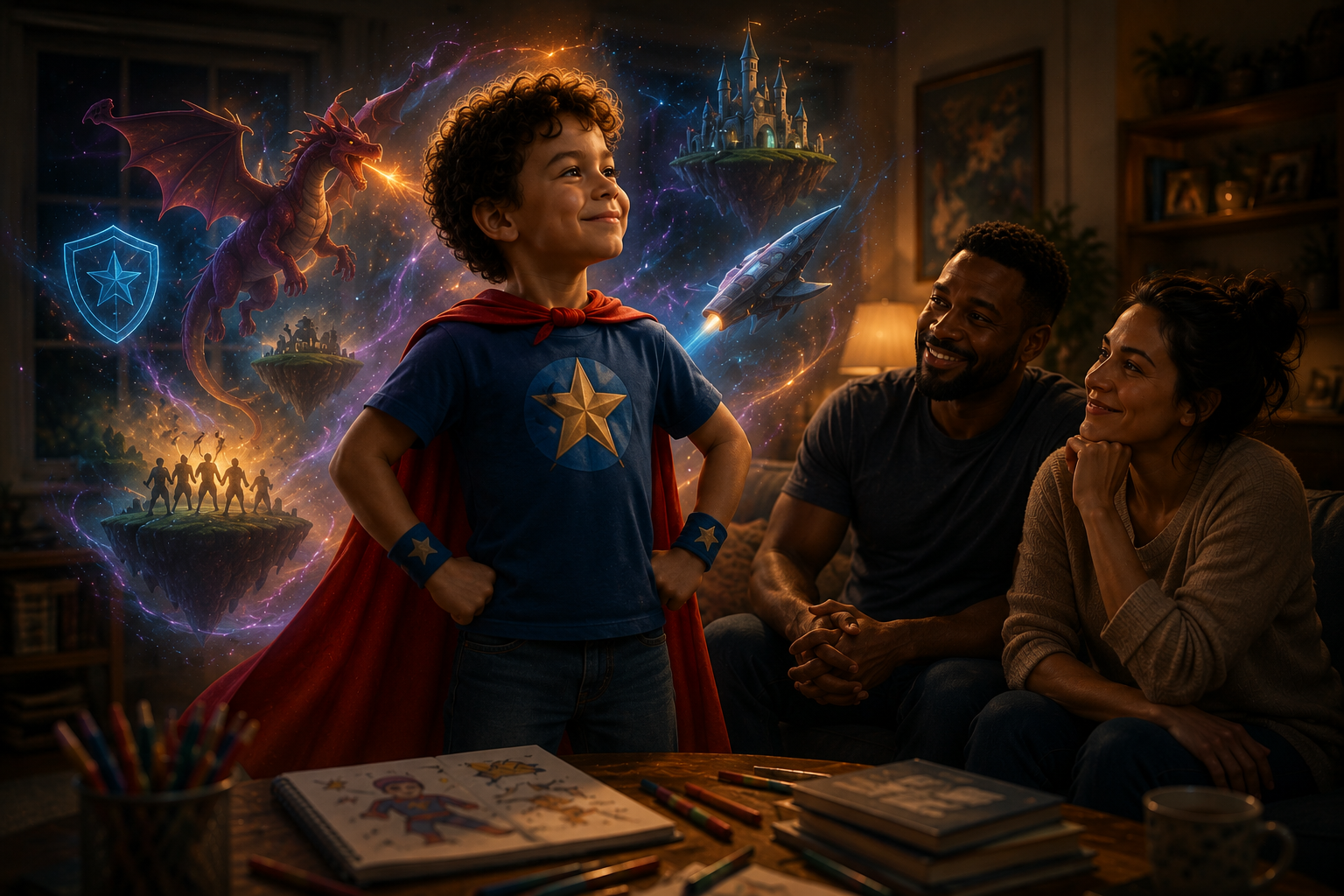 Young superhero-inspired child standing confidently in front of family members while imagination-powered worlds appear around him, symbolizing confidence-building for kids through storytelling and creativity.