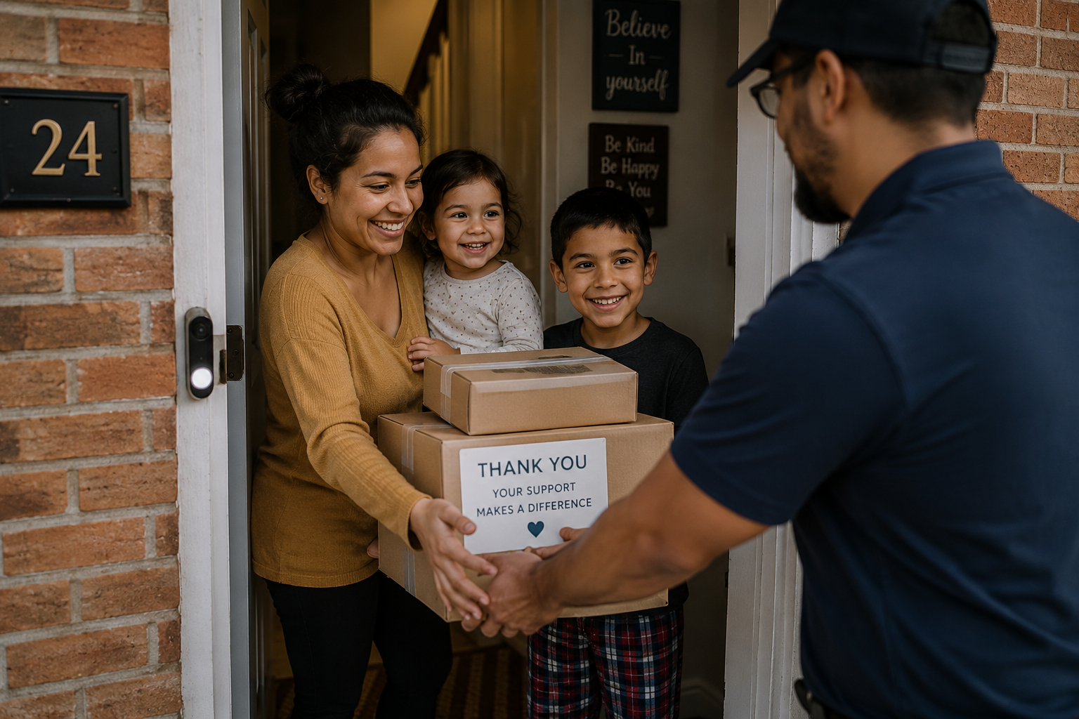 Volunteers delivering support packages directly to a family's doorstep in NYC, illustrating transparent grassroots mutual aid and direct donor impact.