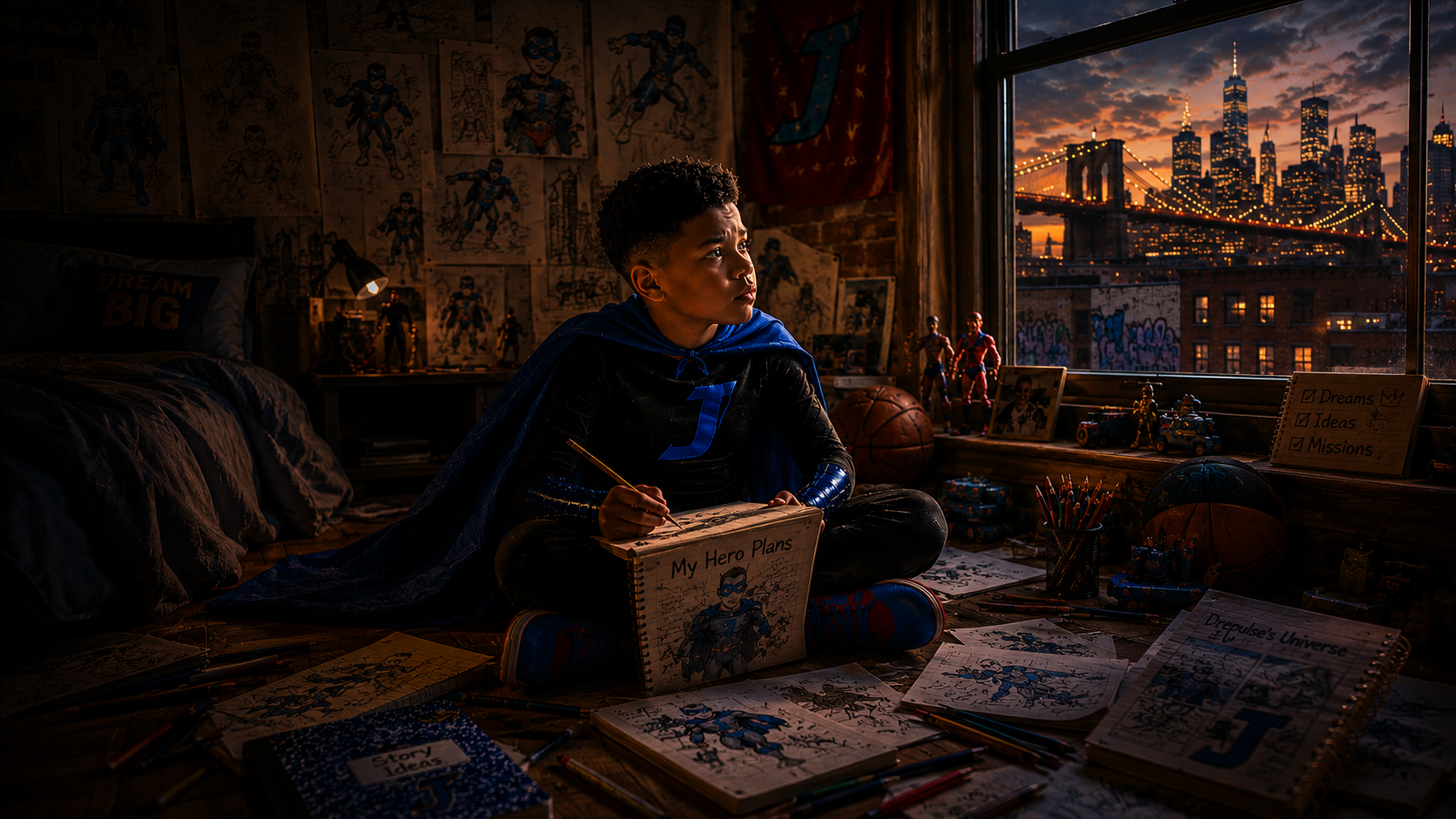A young boy daydreams while looking out hi window