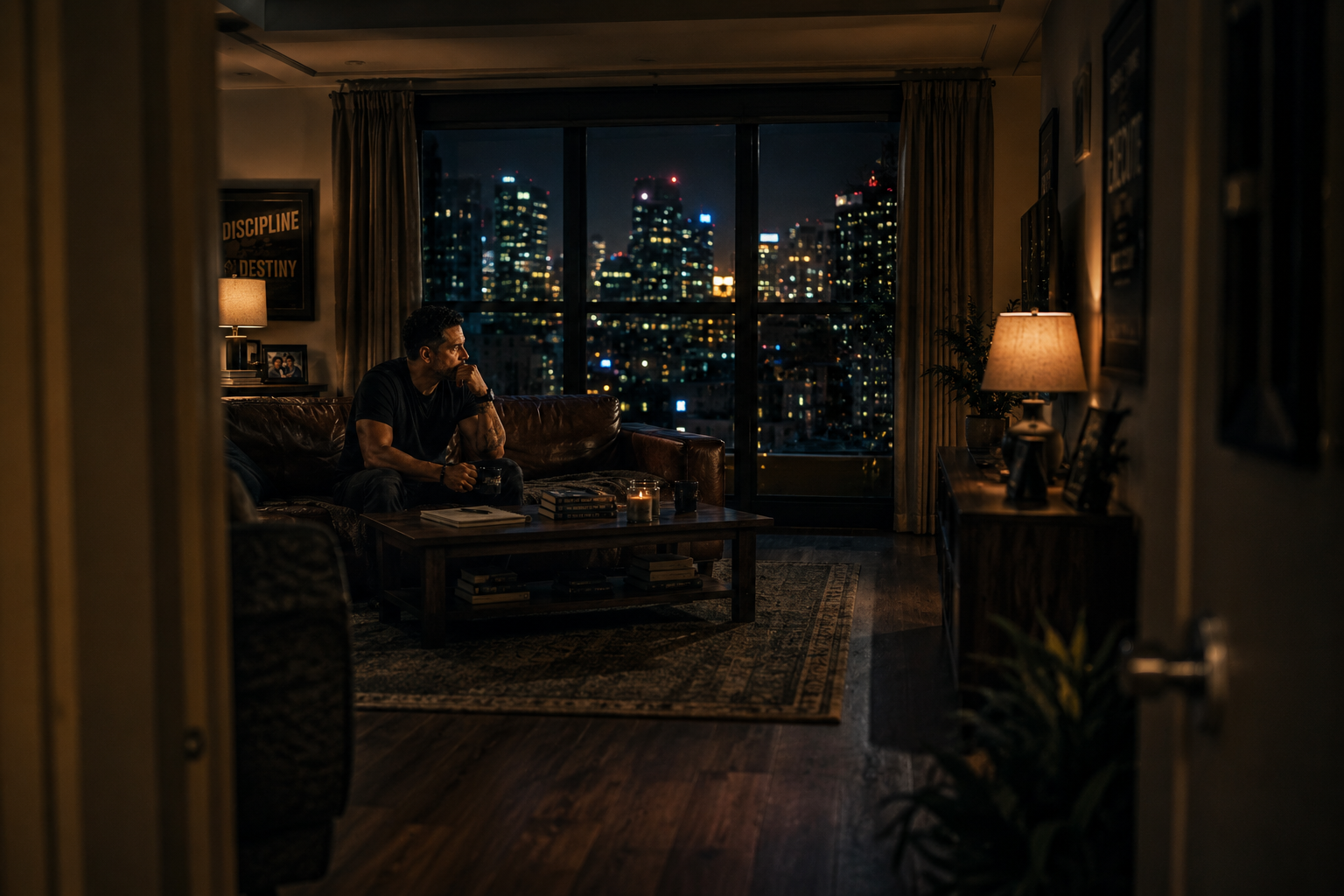 man sitting alone in his living room thinking
