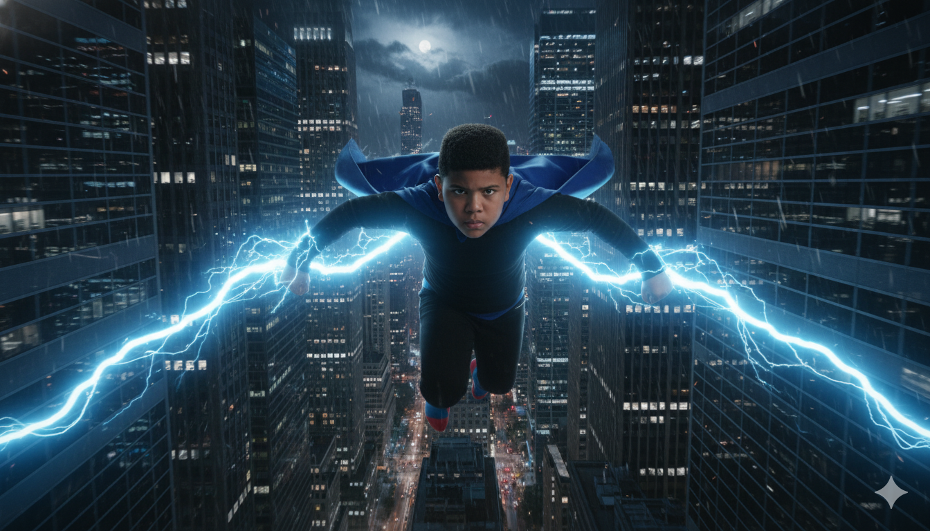 Child superhero flying through a city at night with glowing energy, representing inner strength, imagination, and emotional resilience.