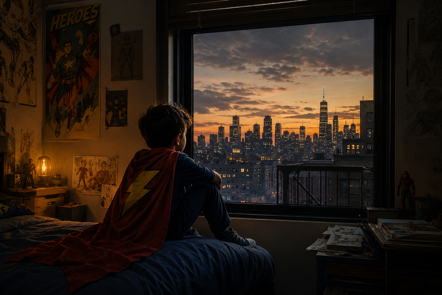 A child looks out his window and dreams of being a real life superhero