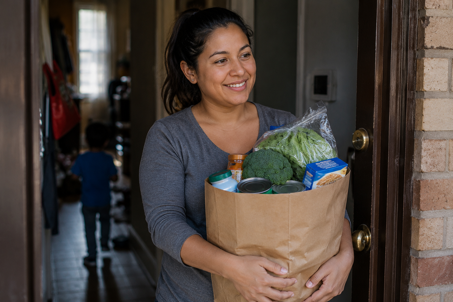 a mother holding groceries