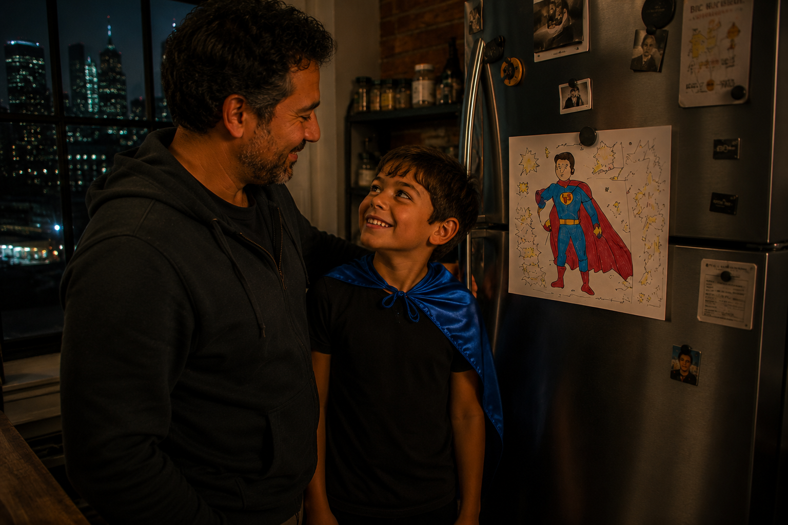Father and son share a bonding moment  over superhero drawings using the hero builder method by jetpulse