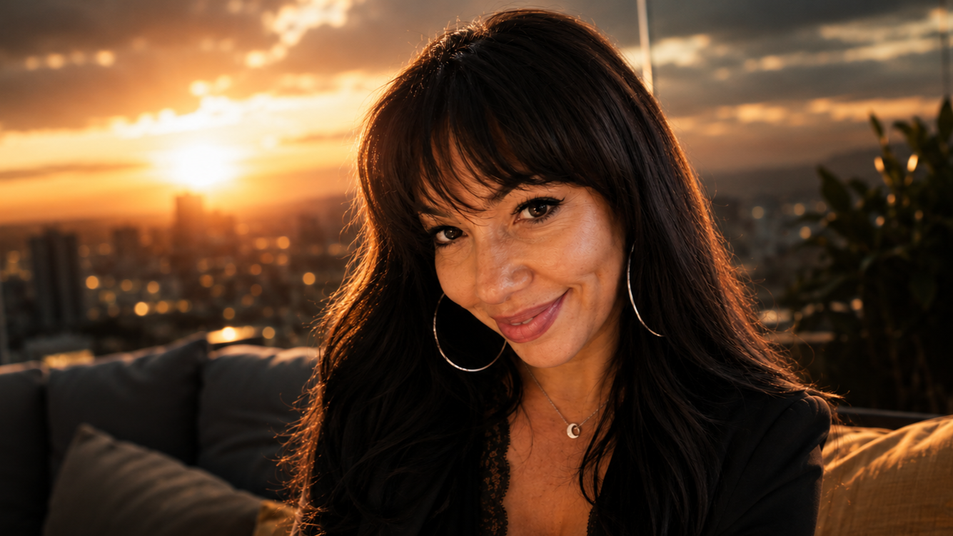Elena L Quinones is the Managing Partner of Jetpulse Lab and smiling at the camera during sunset on a rooftop with a cityscape in the background.