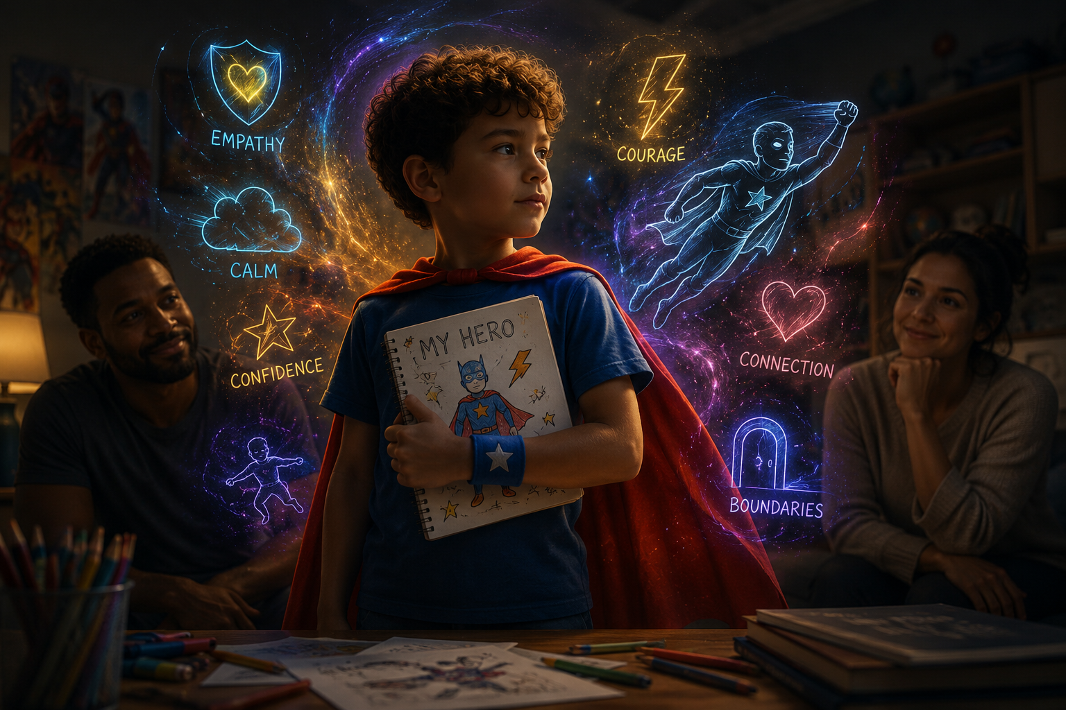 Young child dressed as a superhero holding a “My Hero” notebook while surrounded by imagination-inspired artwork representing emotional learning for children, superhero storytelling, confidence-building, and creative self-expression.