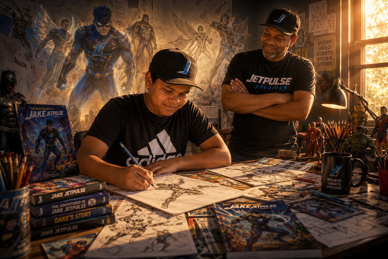 a young boy draws a superhero comic book with his father