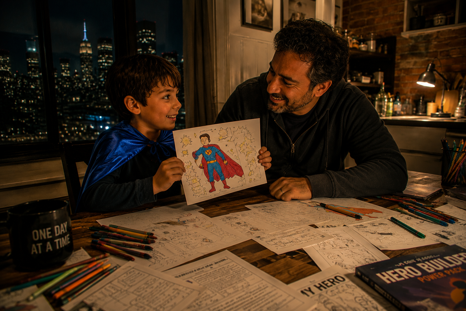 a young boy draws superheroes for his father