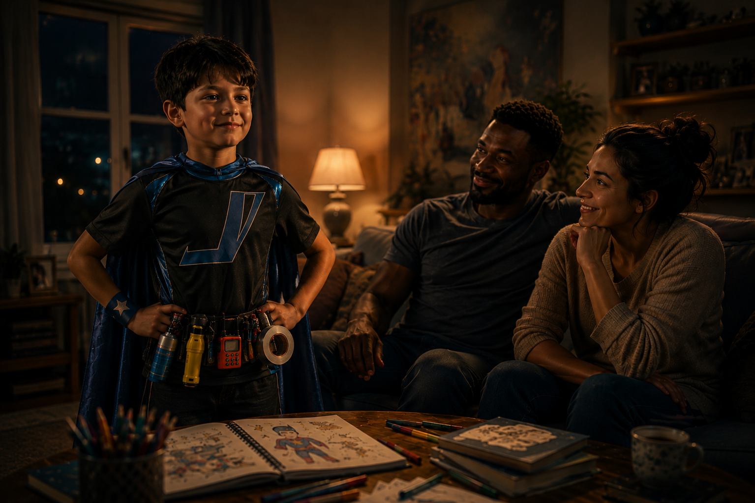 A young boy creates his superhero persona by using the Jetpulse Hero Builder method