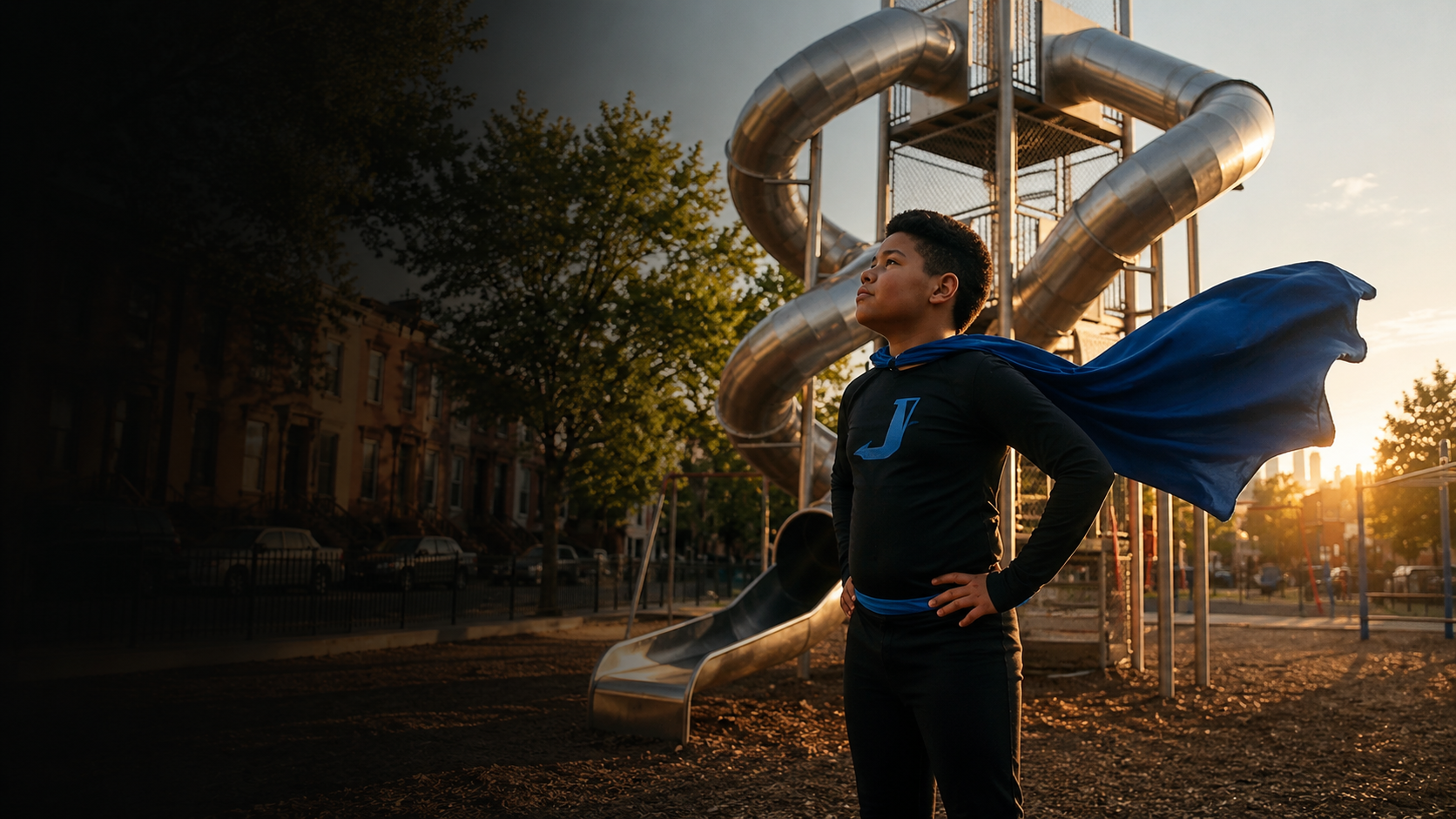 A child pretends to be a superhero while playing in the playground