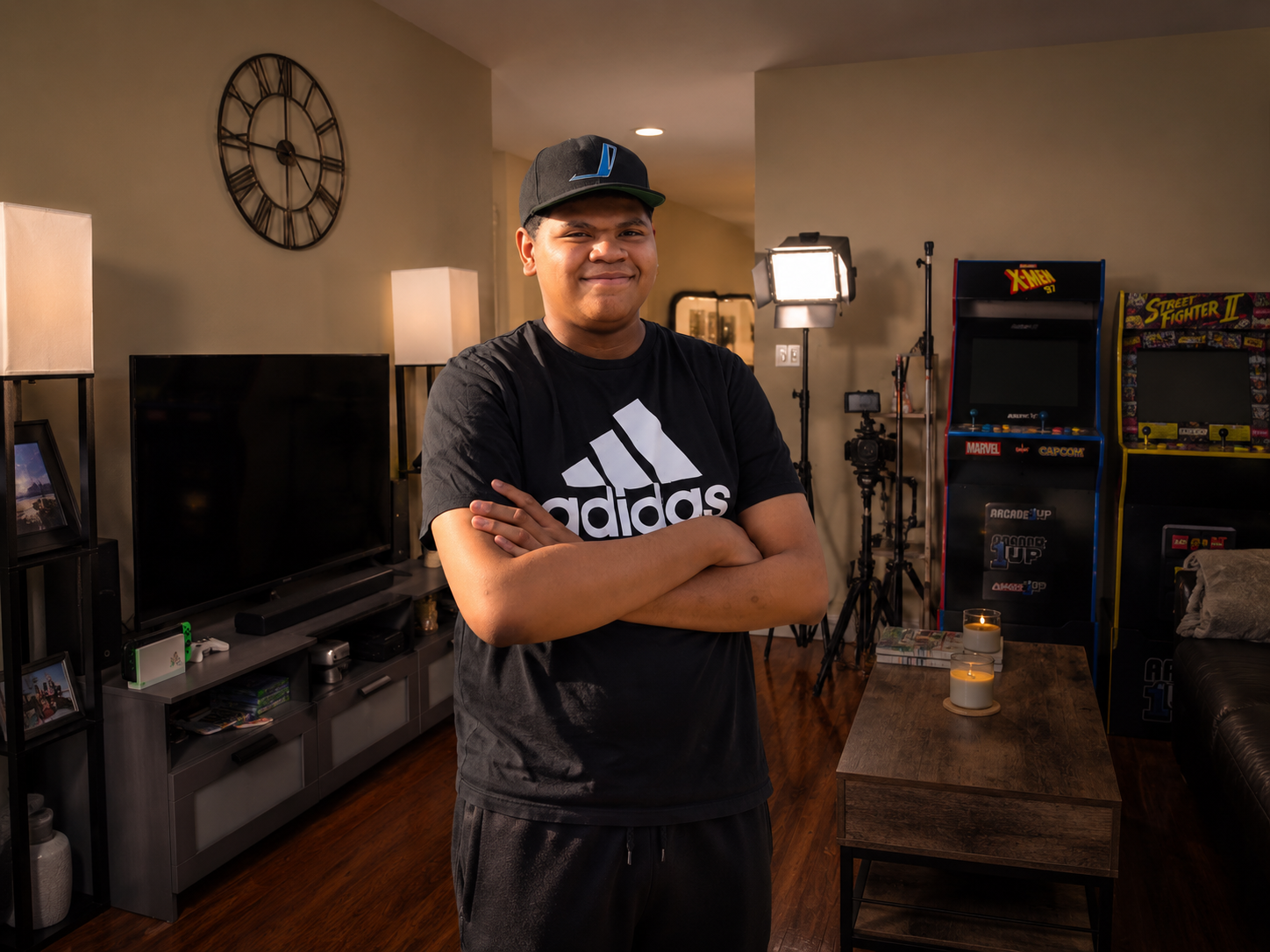 Jake Bradshaw standing confidently inside the Jetpulse Lab creative studio surrounded by filmmaking equipment, arcade machines, storytelling tools, and family-inspired creative energy connected to superhero storytelling and cinematic learning