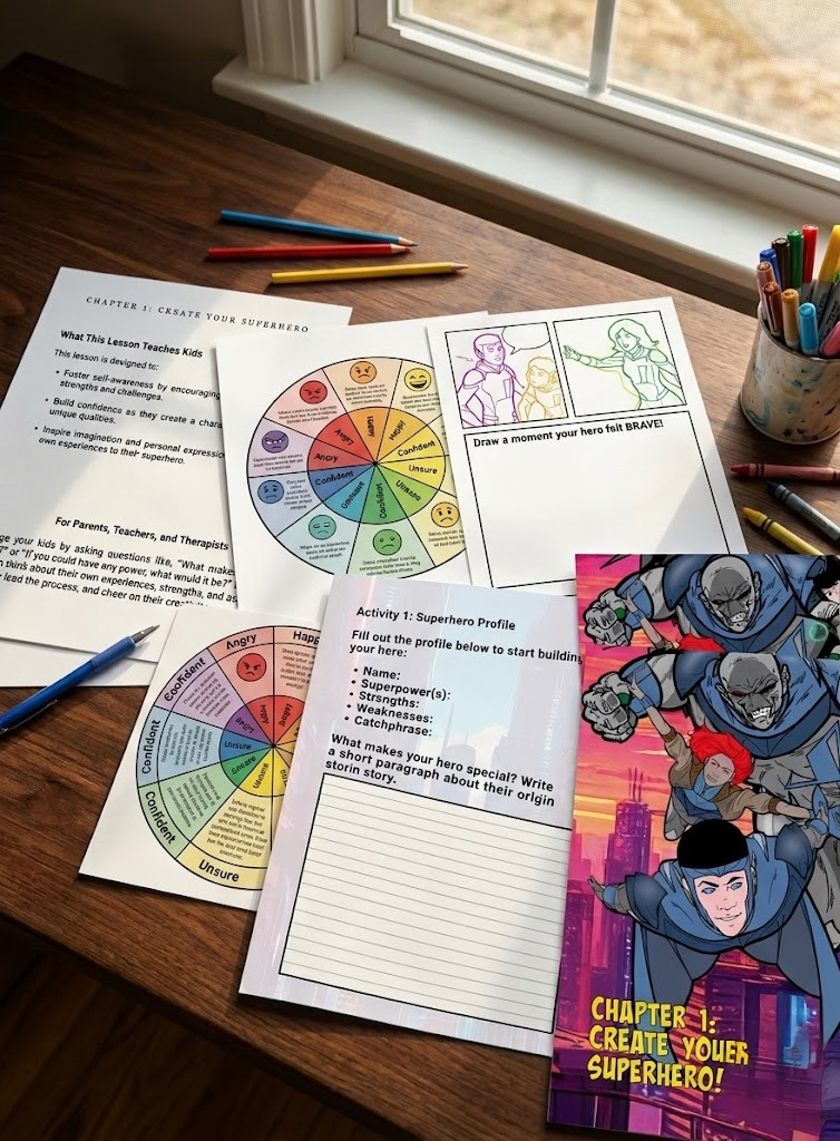 printed pages of the hero builder method lay on a child's desk