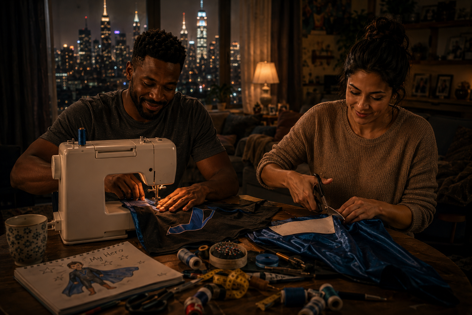 Mom and Dad make a  superhero costume for their son