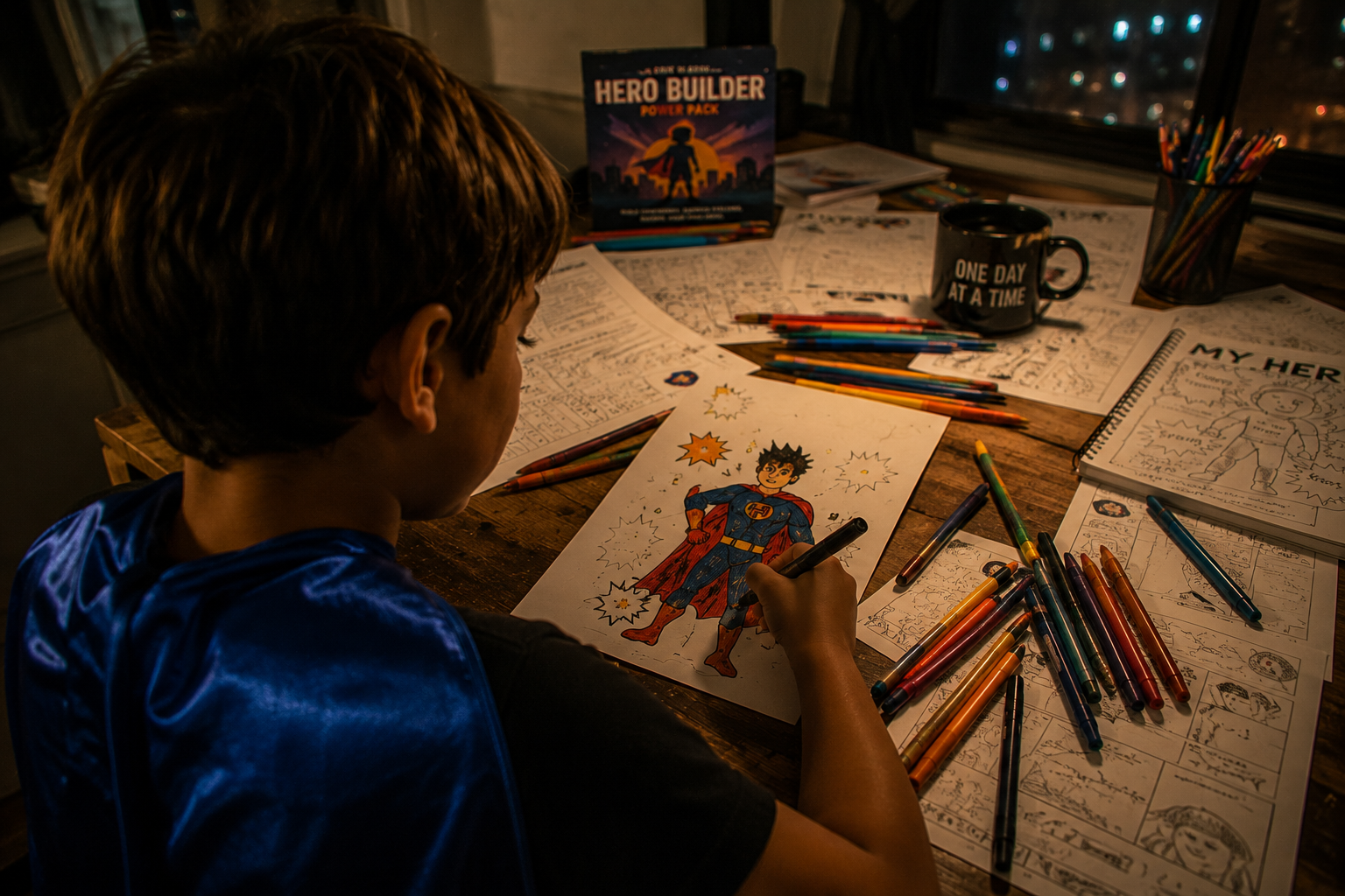 A young boy draws a superhero