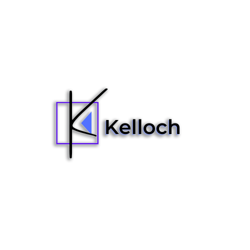 Neon logo of the word 'Kelloch' with a stylized abstract design.