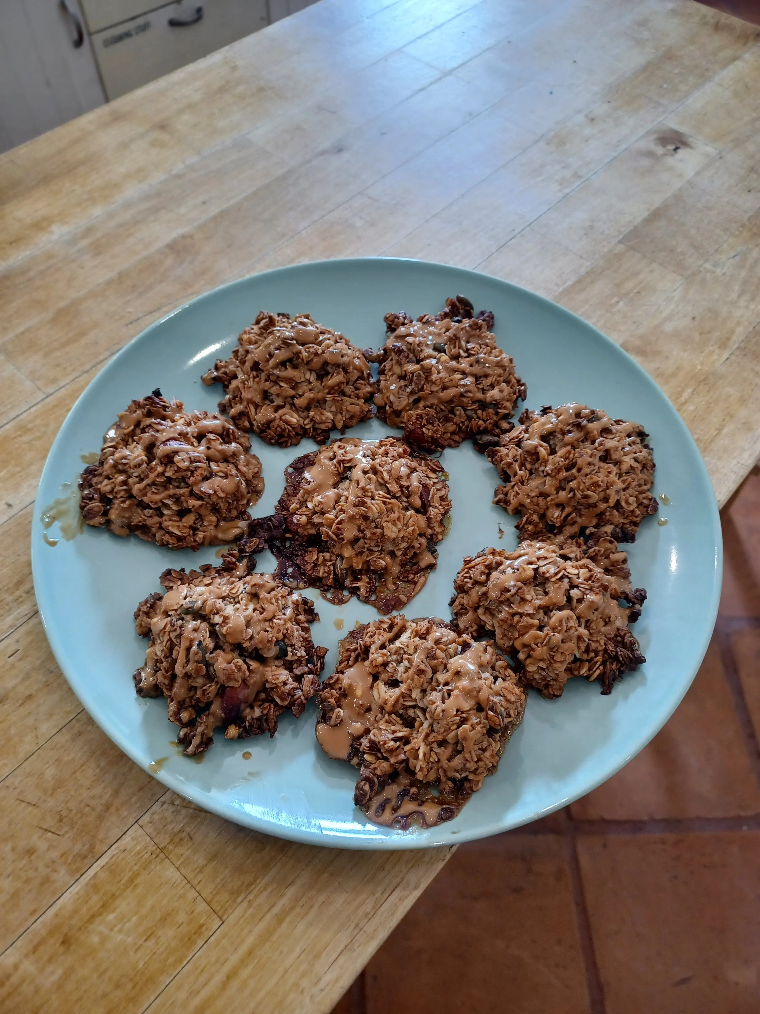 Plate of chocolate oatmeal cookies with chocolate chips, placed on a wooden table.