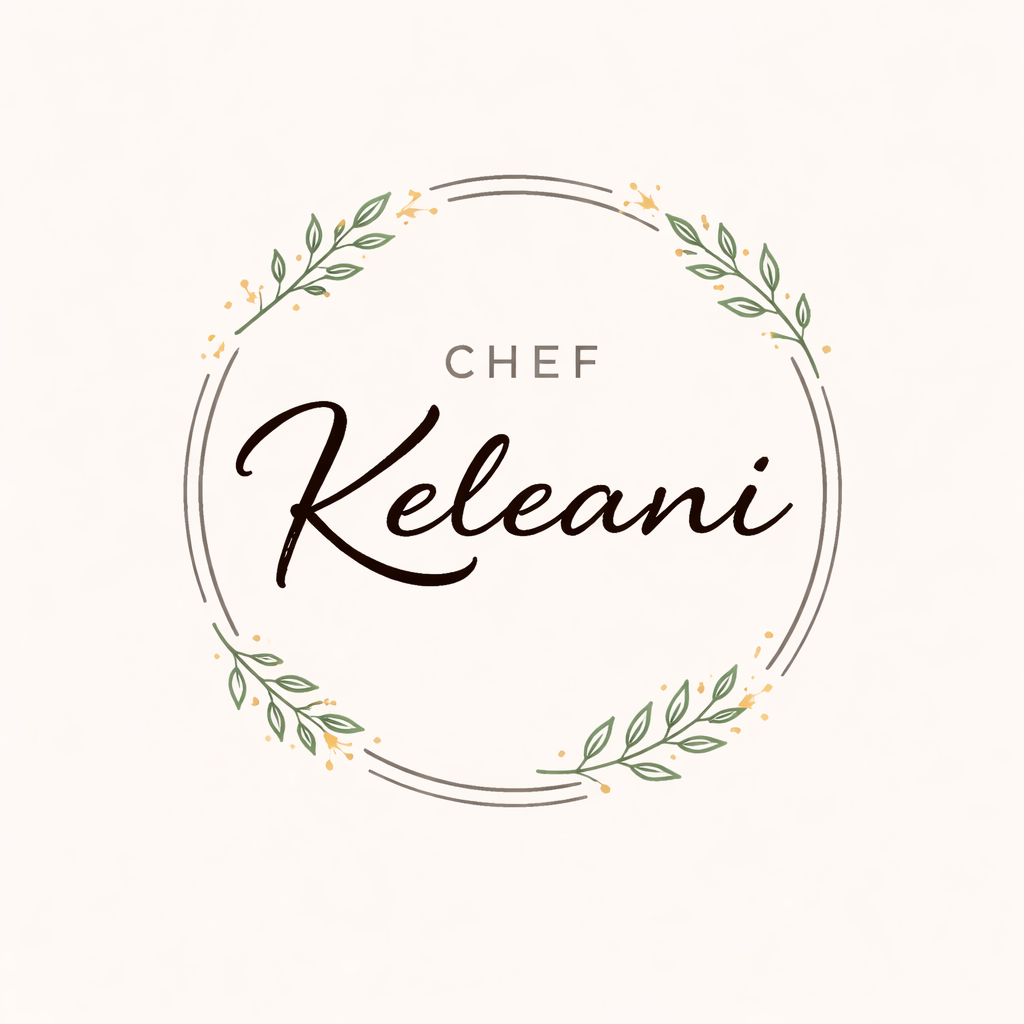 Logo with the text 'Chef Keleani' surrounded by a decorative circular wreath with green leaves and small yellow accents.