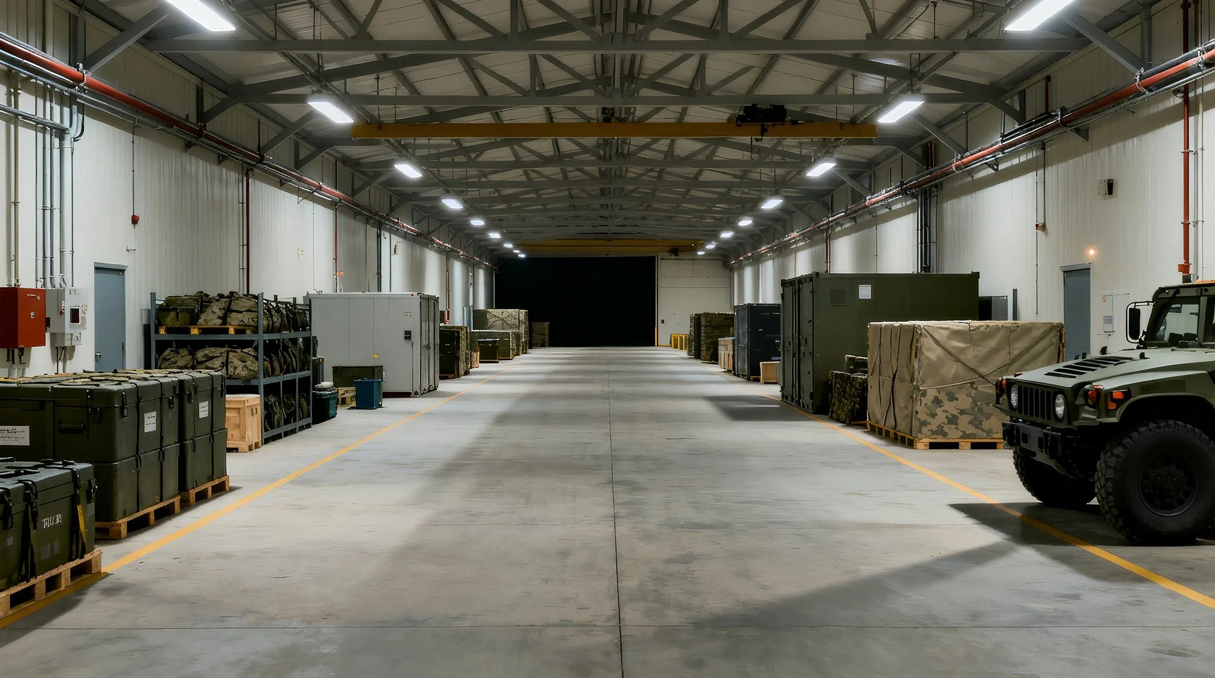 Interior of a large storage or military warehouse with equipment, crates, and a military vehicle parked on the right side.