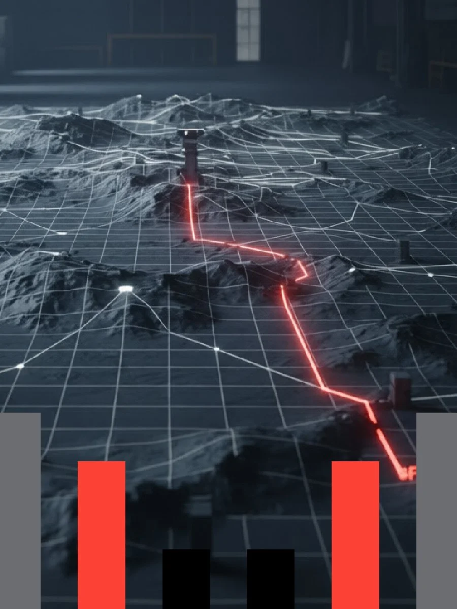 A 3D digital map with terrain, grid lines, and a red laser path, along with bar graphs at the bottom.