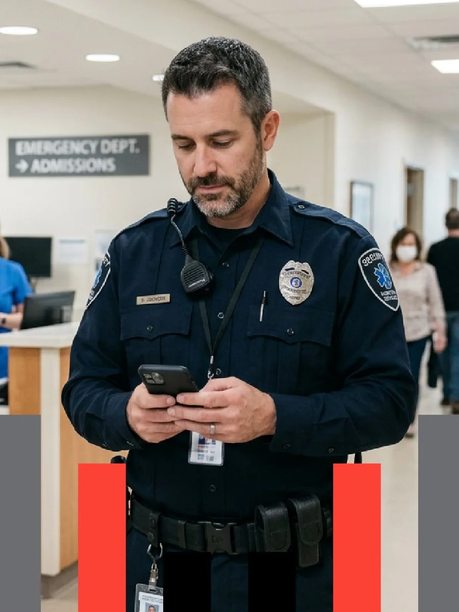 A male police officer in uniform standing in a hospital or medical facility, looking at his phone, with a sign behind him indicating 'Emergency Department & Admissions.'