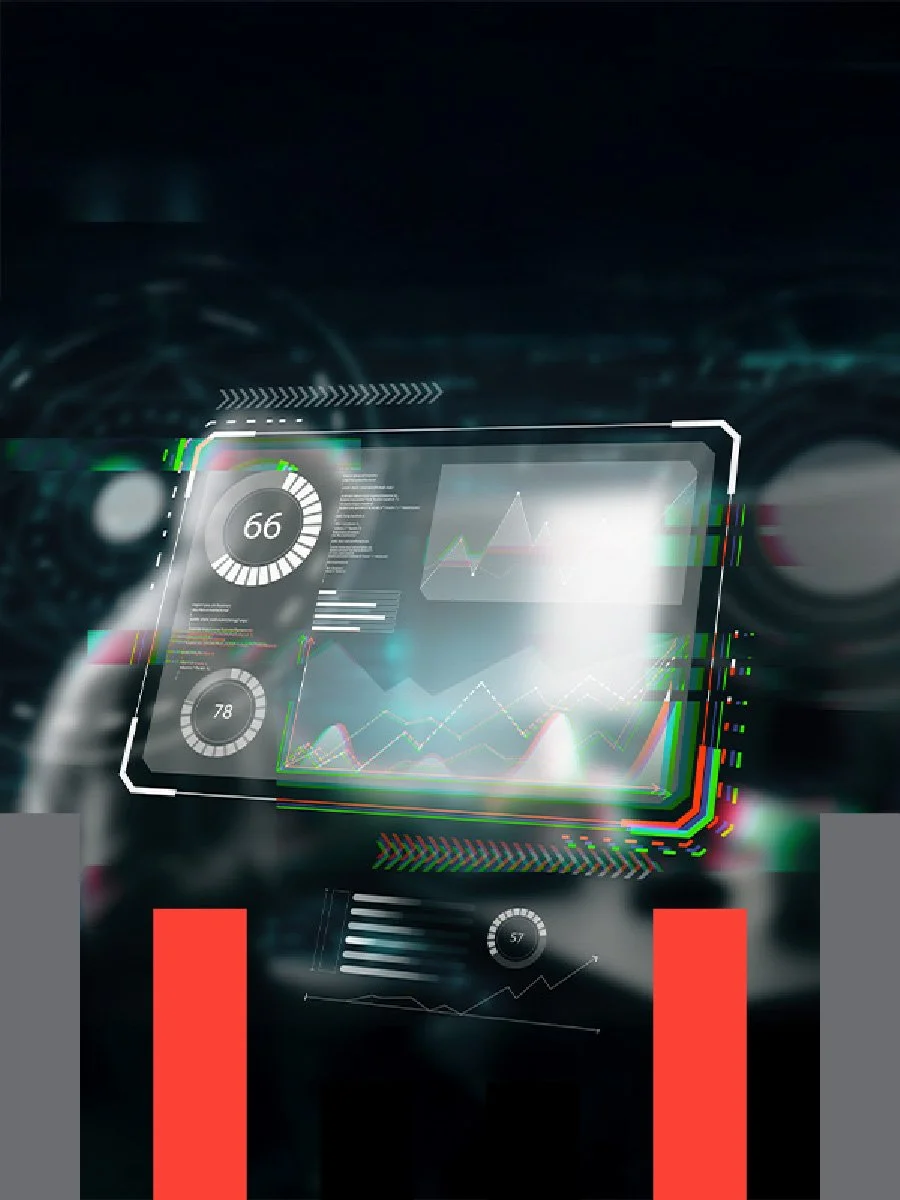 Futuristic digital dashboard screen displaying graphs, charts, and data metrics with a sci-fi aesthetic.