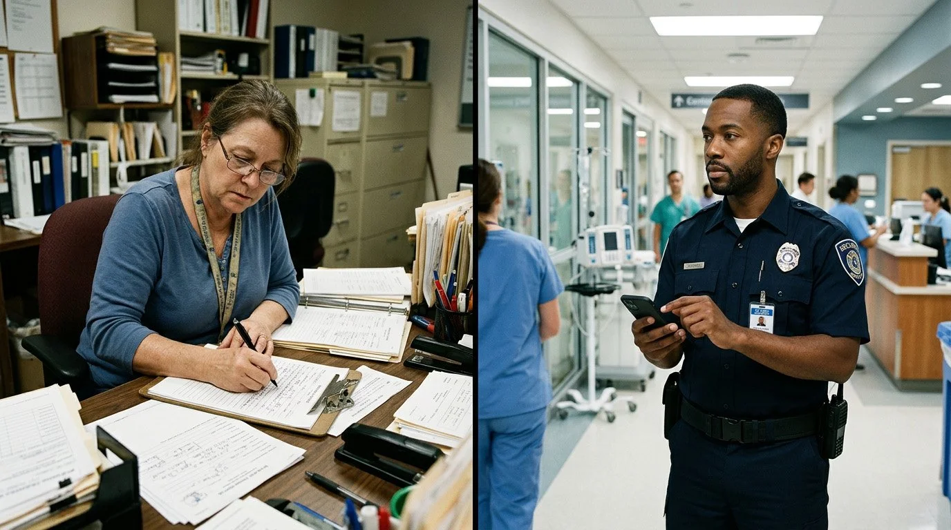 Side-by-side images of a woman working at a cluttered desk covered with documents and filing folders on the left, and a police officer in uniform standing in a hospital corridor using his phone on the right.
