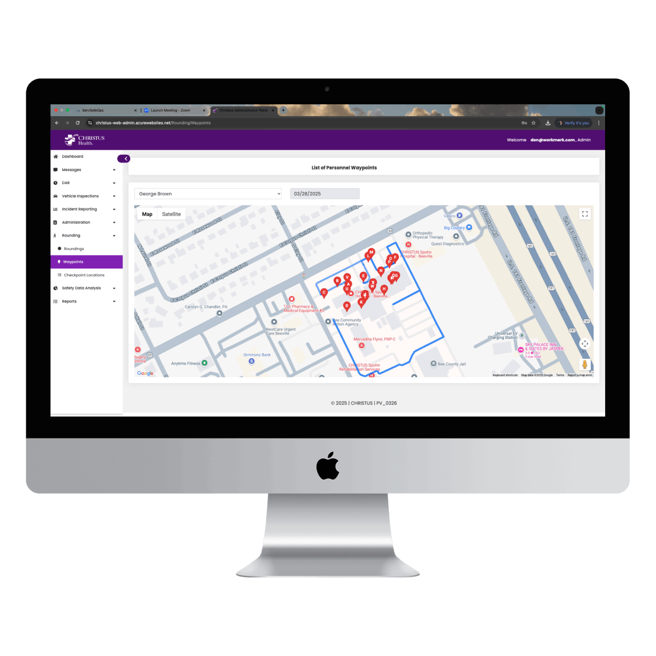 Computer screen displaying a map with red markers and a blue route line, part of a personnel waypoint tracking system for Christus Health.