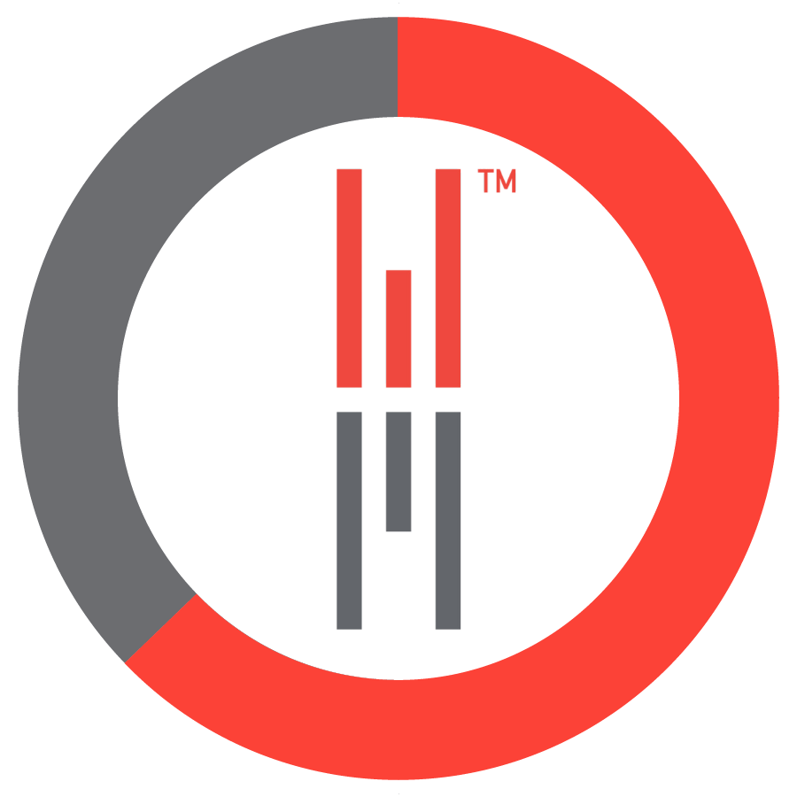 A circular graph with gray and red segments surrounding a black background and the Deadpool logo in the center, featuring three black vertical lines and three red vertical lines.