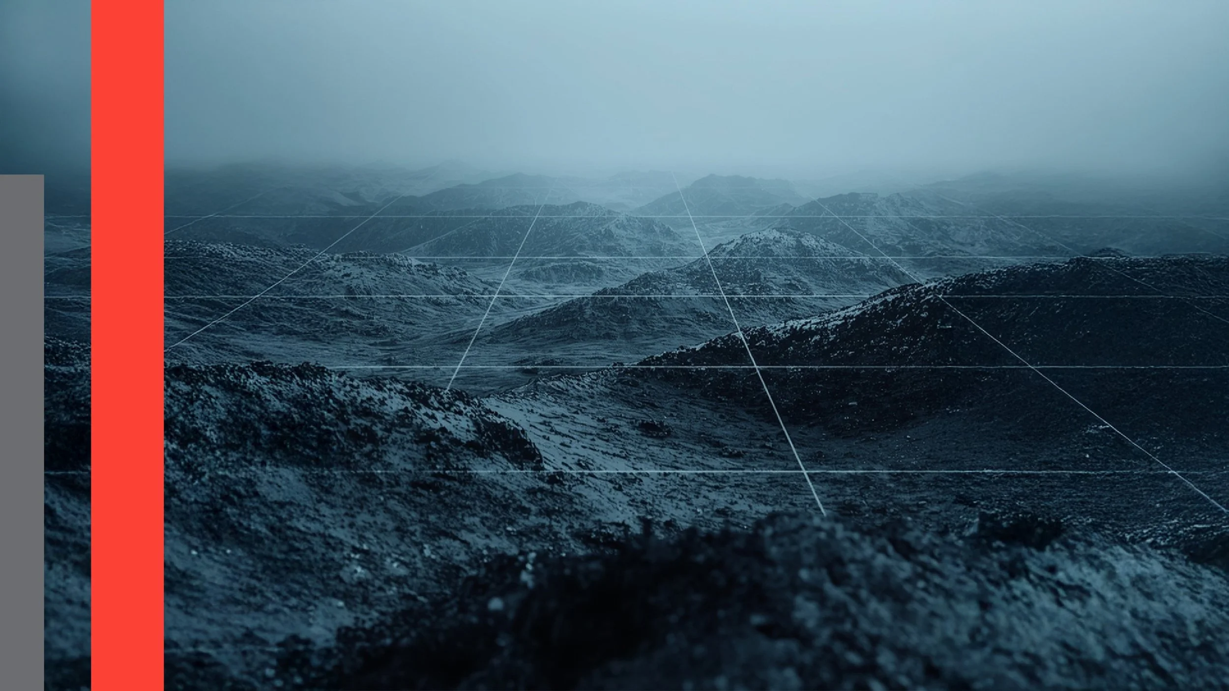 Digital rendering of a mountainous landscape with grid lines overlay, creating a futuristic or virtual terrain scene.