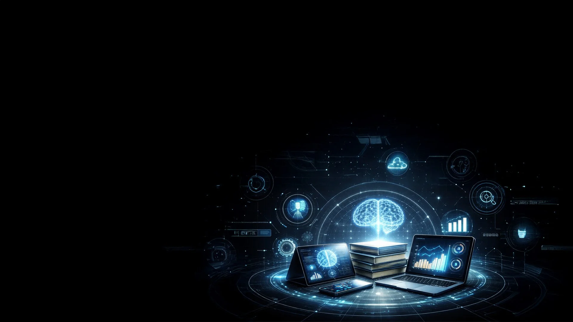 Digital illustration of a brain emerging from a stack of books, with electronic devices displaying data and graphs, surrounded by icons representing cloud computing, analysis, and technology, all set against a dark background.