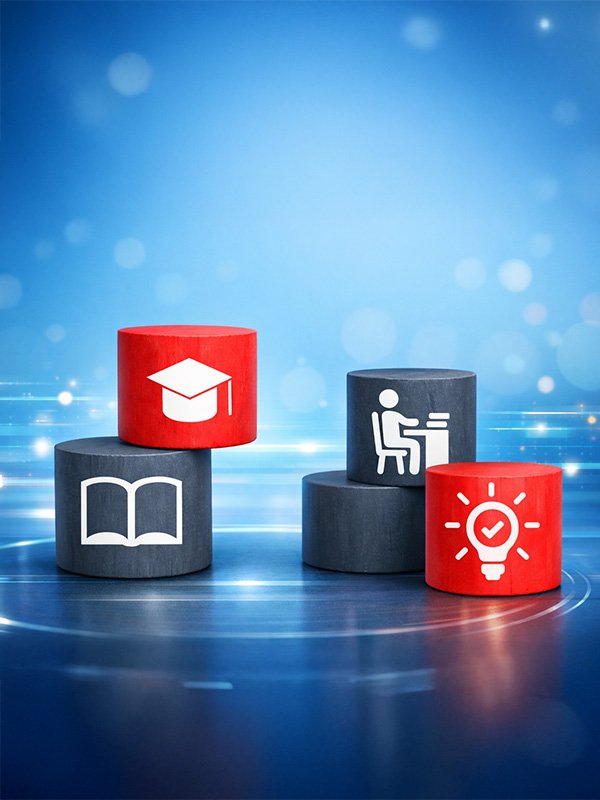 Four black and red blocks with white icons representing education, studying, and learning, with a blue digital background.