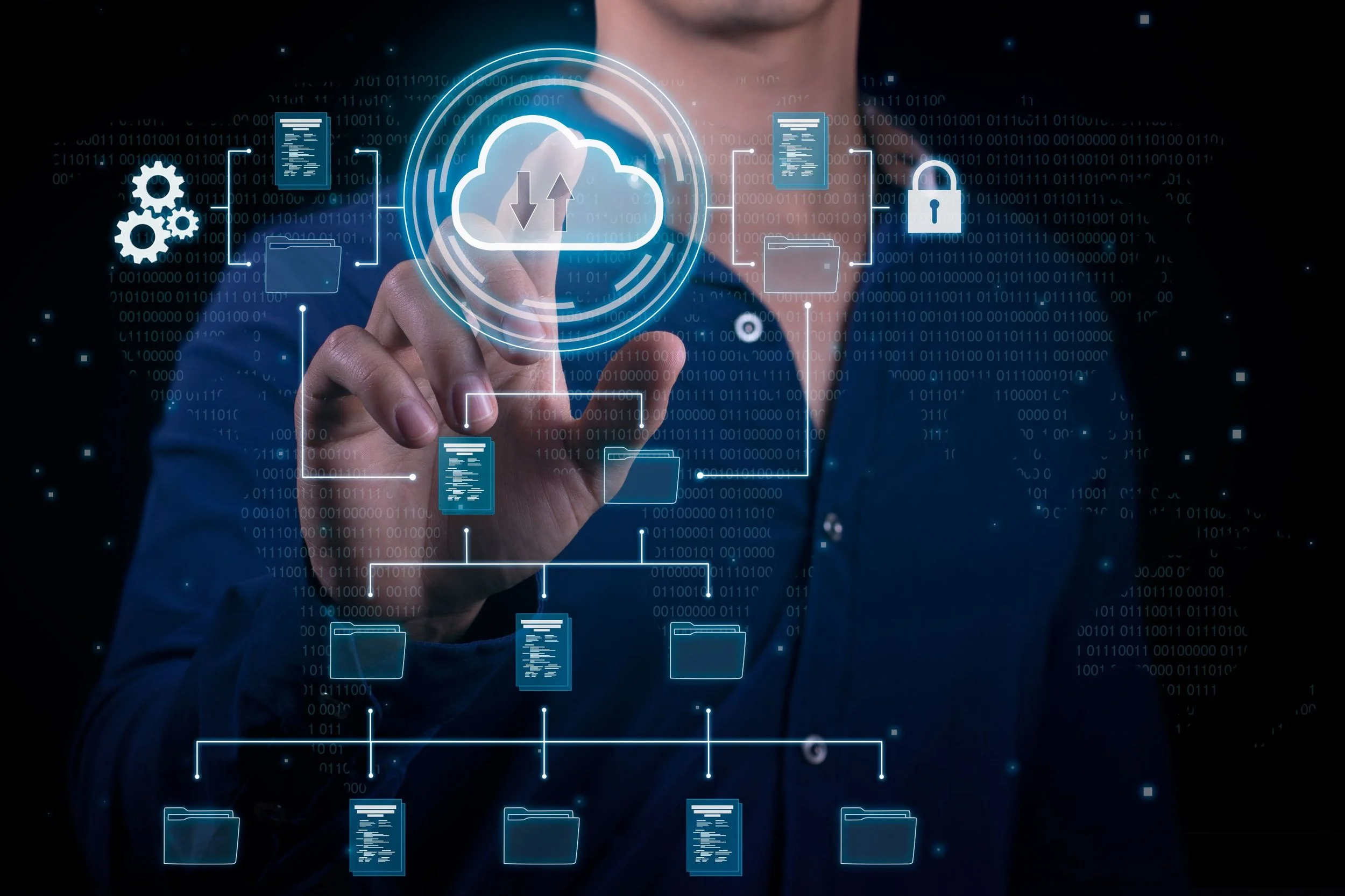 A person touching a virtual cloud icon with arrows indicating upload and download, surrounded by digital file folders and security icons, representing cloud computing and data security.