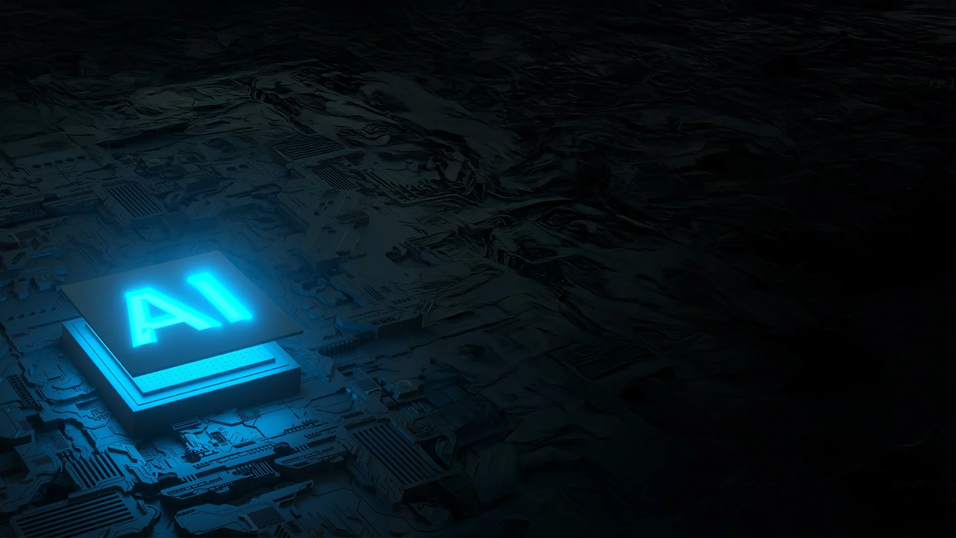 Futuristic AI concept with a glowing blue AI chip on a circuit board under a dark, textured surface.