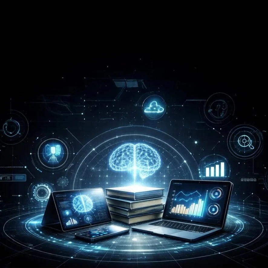 Digital artwork depicting a glowing brain surrounded by technological icons, a laptop with data charts, a tablet displaying a brain graphic, a smartphone, and a stack of books, all set against a futuristic, dark background with a grid and networks.