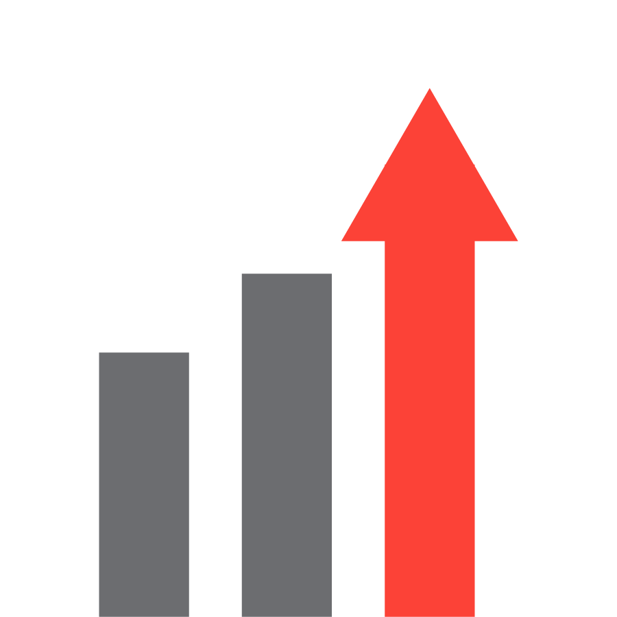 Bar chart showing increasing values from small gray bar to larger gray bar, and then a large red upward arrow indicating growth or increase.