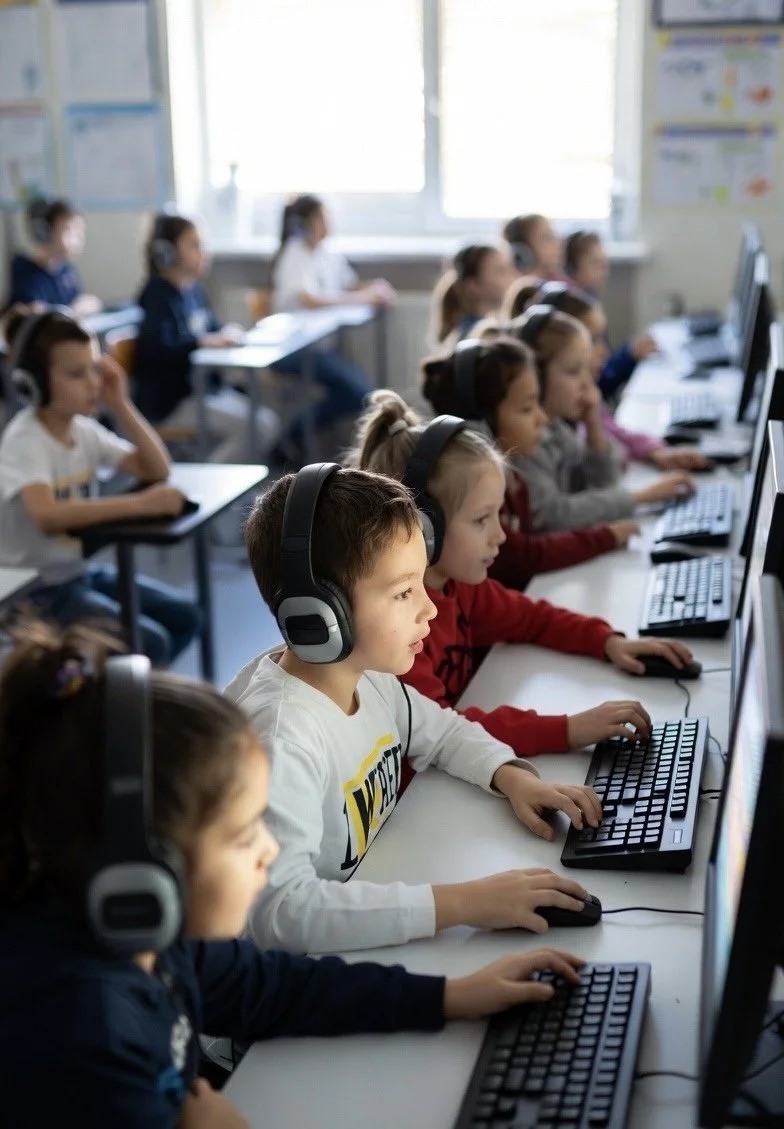 Kids in a classroom using desktop computers, wearing headphones, engaged in learning activities.