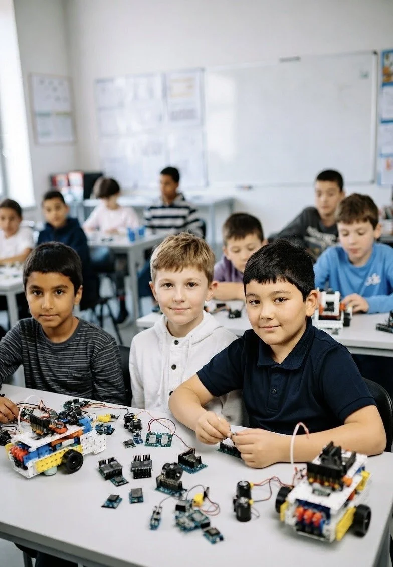 Three boys sitting at a desk with robotics kits and electronic components, in a classroom with other students working at desks in the background.