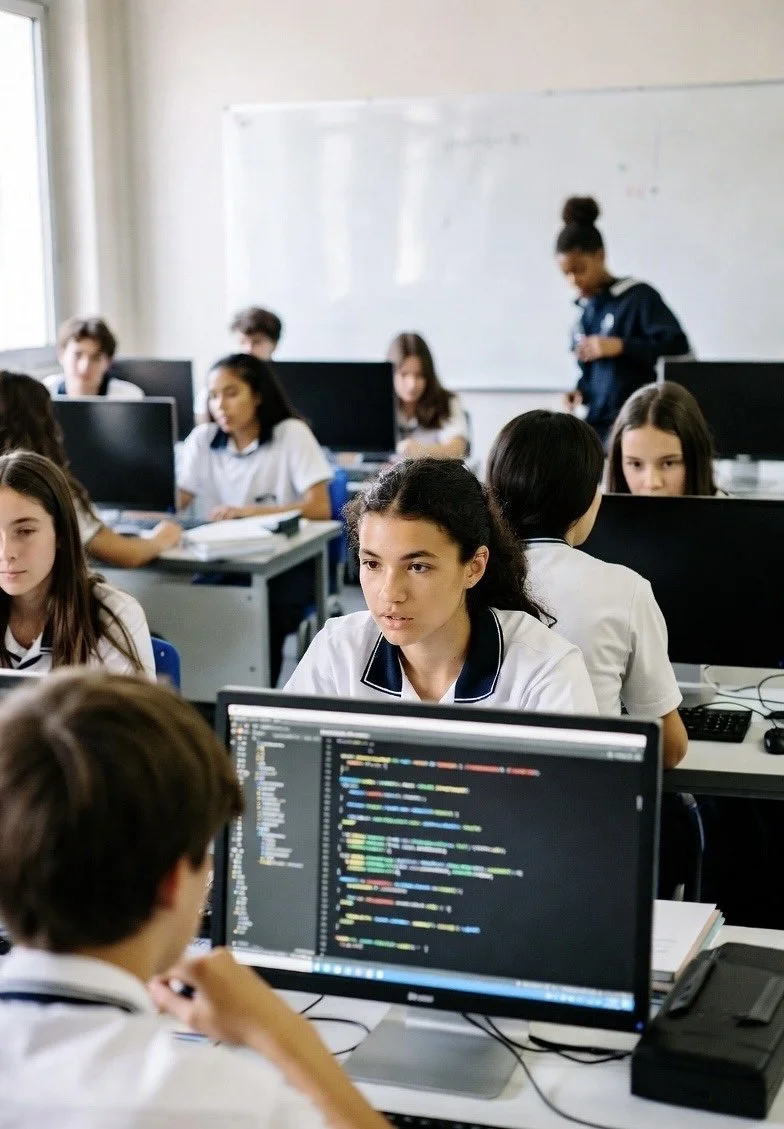 Students in a classroom working on computers, with one girl in the foreground focused on her screen, which displays colorful coding or programming software, while other students work in the background.