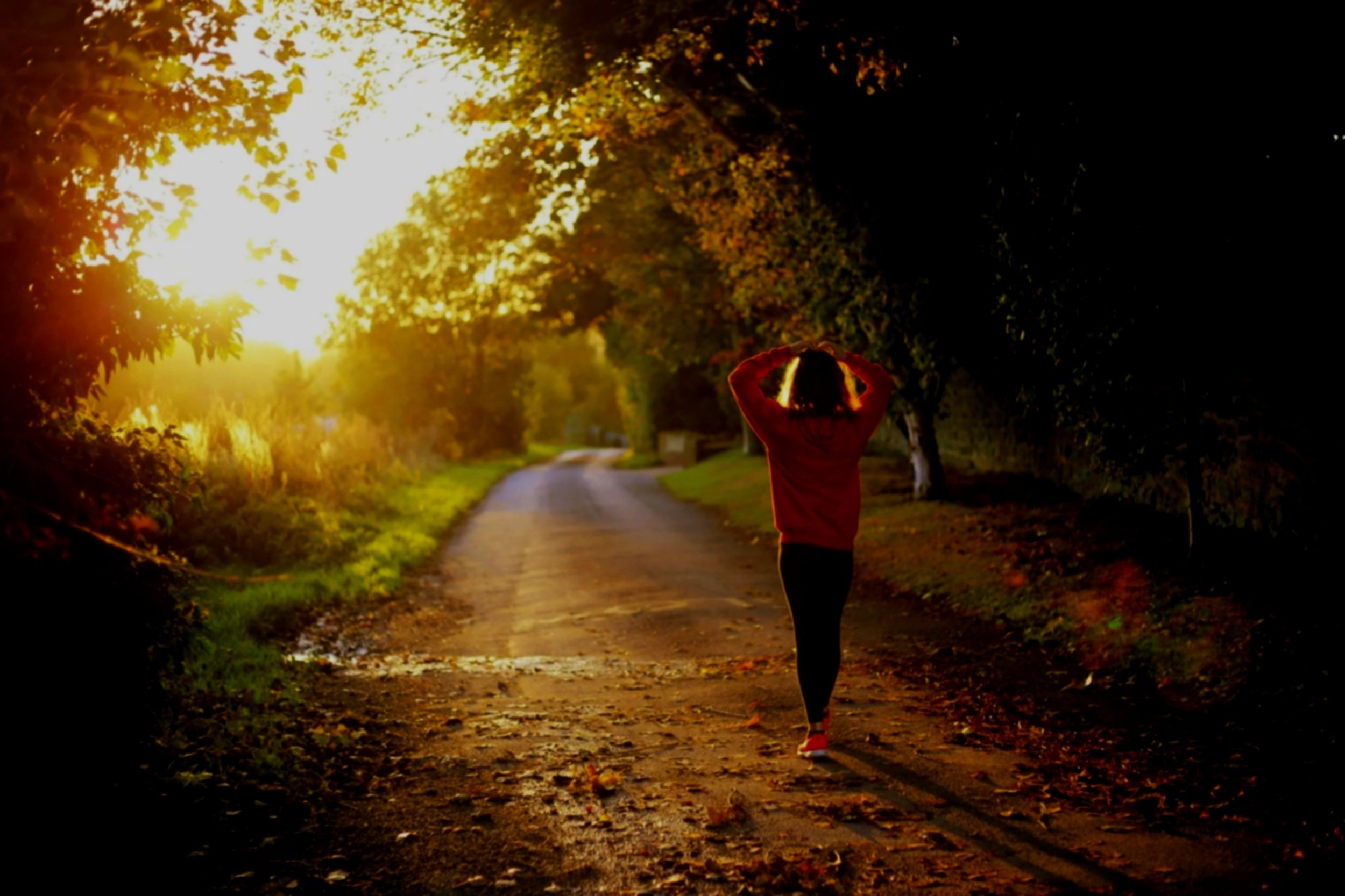 A person walking along a dirt path in a wooded area during sunset, with trees on both sides and fallen leaves on the ground.