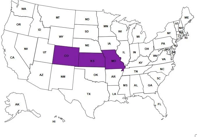 Map of the United States highlighting Colorado, Kansas, and Missouri in purple.